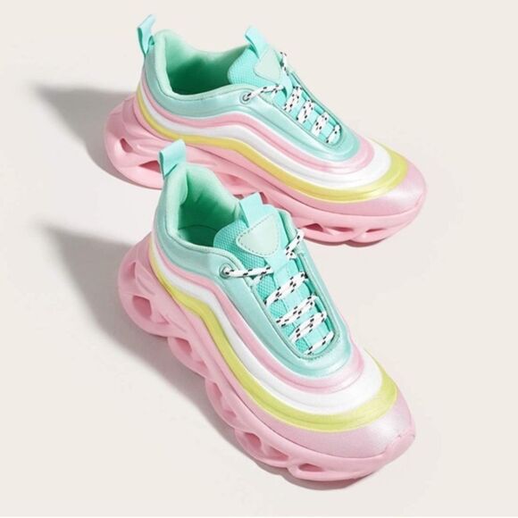 Chunky Platform Tie Dye Rainbow Sneakers Pink Mix - Picture 1 of 7
